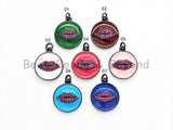 NEW Colorful Oil Dropped Round Charm with  Fuchsia Lip, Enamel Gunmetal Pendant Charms, Enamel Oil Drop CZ Charm, Lip Charm,17x20mm,sku#F563