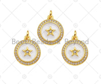 CZ Micro Pave White Enamel Five Star On Round Coin Charms, CZ Enamel Pendant/Charm, Round Necklace Charms, 14x16mm, Sku#Z1254