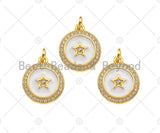 CZ Micro Pave White Enamel Five Star On Round Coin Charms, CZ Enamel Pendant/Charm, Round Necklace Charms, 14x16mm, Sku#Z1254