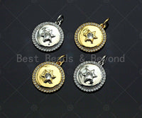 CZ Micro Pave Star On Round Coin Shape Pendant, Gold/Silver Plated Jewelry, Necklace Bracelet Charm Pendant, 14x16mm,sku#F1214