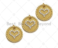 CZ Micro Pave Heart On Round Coin Charm/Pendant, Heart Shape Charm, Gold Coin Pendant, Gold plated charm, 18mm, Sku#LK131