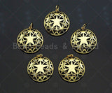 CZ Micro Pave Five Star Hollow Out On Round Shape Pendant, Gold Plated, Necklace Bracelet Charm Pendant, 27x28mm,sku#F1238