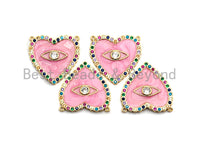 CZ Colorful Micro Pave Enamel Heart With Evil Eye Pendant, Pink Heart ,Heart Shaped Pave Pendant, Gold plated, 26x27mm, Sku#F852