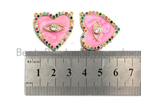 CZ Colorful Micro Pave Enamel Heart With Evil Eye Pendant, Pink Heart ,Heart Shaped Pave Pendant, Gold plated, 26x27mm, Sku#F852