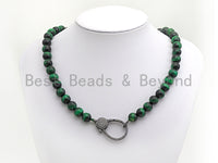 Green Tiger Eye Attachment Necklace with Large CZ Pave Gunmetal clasp, 18" long, sku#D37