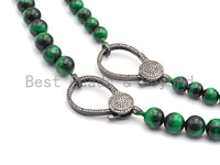 Green Tiger Eye Attachment Necklace with Large CZ Pave Gunmetal clasp, 18" long, sku#D37