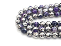 Half Silver Plated Natural Purple Banded Agate Round Faceted Beads, Sku#UA129