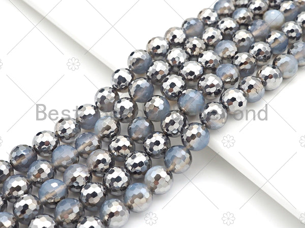 Natural Half Silver Plated Milky White Agate Beads, 8mm/10mm/12mm Round Faceted Agate Beads, 15.5" Full Strand, sku#UA187