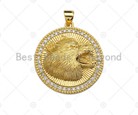 18K Gold Embossment Wolf Head On Round Coin Shape Pendant, Round Charm, Animal Pave Pendant, Gold plated, 25mm, Sku#LK60