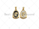 CZ Pave Black/White Enamel Medallion Lady Pendant Charm, Gold Oval Coin Charm, Greek Coin Medallion, sku#LK02