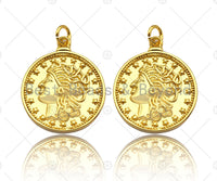 18k Dainty Gold Embossed Queen Coin Charms, Dainty Gold Emblem Pendant, Round Necklace Charms, 18mm, Sku#Z1249