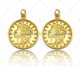 18k Dainty Gold Embossed Queen Coin Charms, Dainty Gold Emblem Pendant, Round Necklace Charms, 18mm, Sku#Z1249