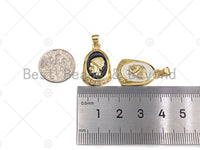 CZ Pave Black/White Enamel Medallion Lady Pendant Charm, Gold Oval Coin Charm, Greek Coin Medallion, sku#LK02