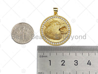 18K Gold Embossment Wolf Head On Round Coin Shape Pendant, Round Charm, Animal Pave Pendant, Gold plated, 25mm, Sku#LK60