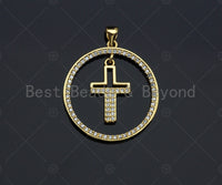 Clear CZ Micro Pave Cross Hanging in Round Ring Shape Pendant Charm, Cubic Zirconia Round Ring Cross Charm,27x30mm,sku#LK157