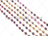 Mystic Pink/Brown Agate Rosary Chain, 6mm Beaded Chain, Wire Wrapped Gold Chain,Sku#V79