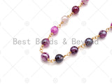 Mystic Pink/Brown Agate Rosary Chain, 6mm Beaded Chain, Wire Wrapped Gold Chain,Sku#V79