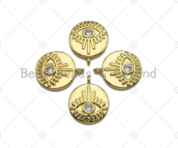 Clear CZ Micro Pave Evil Eye on Disc Pendant/Charm, Lucky Eye Cubic Zirconia Pendant, Real Gold Plated Charm Pendant,15x18mm,Sku#L304