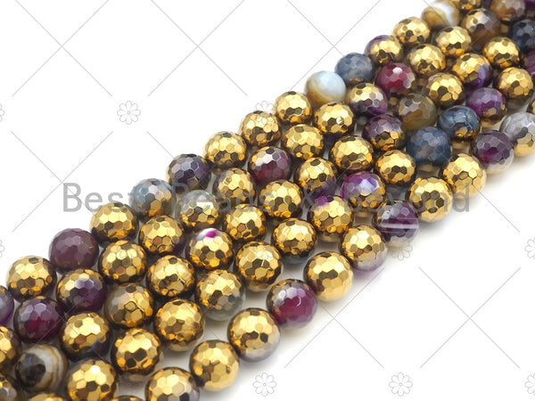 ETSY EXCLUSIVE Half Gold Plated Mixed Color Agate Beads, 8mm/10mm Round Faceted Gold Mixed Color Beads, 15.5" Full Strand, sku# UA136