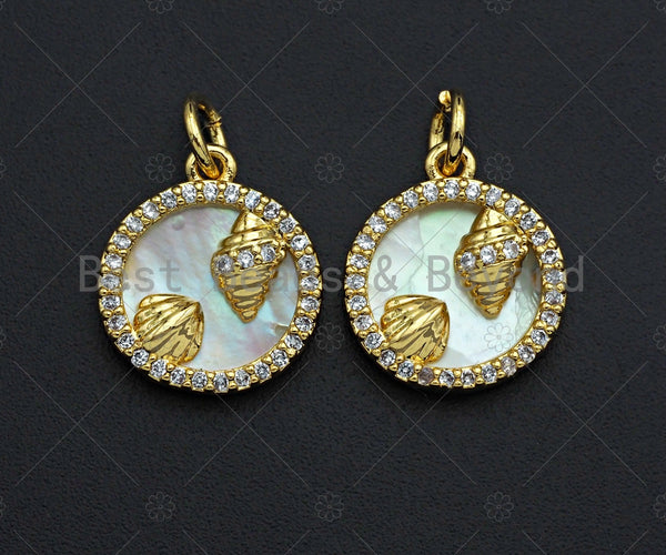 18K Gold CZ Micro Pave Sea Shell Inlay Charm, Mother-of-pearl Seashell Pendant Charm, Cubic Zirconia Charm, 12mm, sku#Z1128