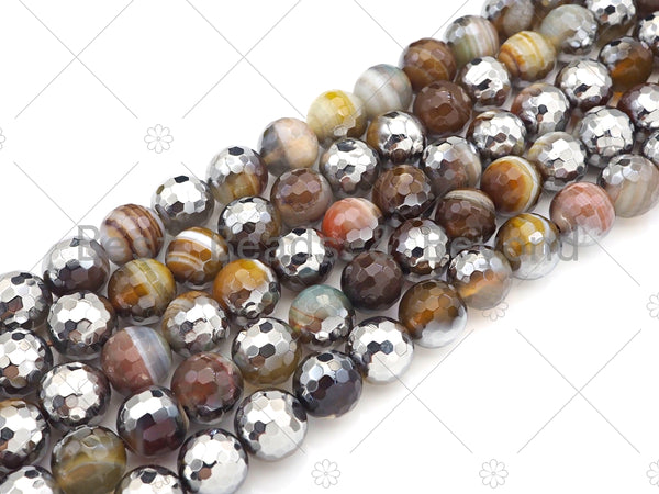 Natural Half Silver Plated Brown Agate Beads, 8mm/10mm/12mm Round Faceted Brown Green Beads, 15.5" Full Strand, sku# UA124