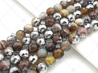 Natural Half Silver Plated Brown Agate Beads, 8mm/10mm/12mm Round Faceted Brown Green Beads, 15.5" Full Strand, sku# UA124