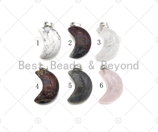 Natural Howlite/Bloodstone/Quartz/Jasper/Labradorite/Rose Quartz Moon Shape Pendant, Necklace Pendant,18x25mm,Sku#YK22