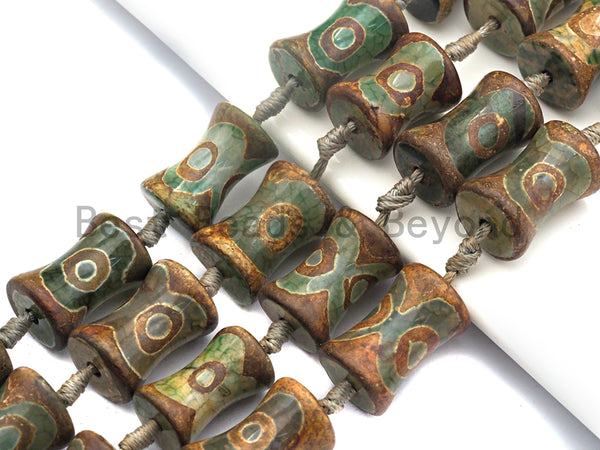 1pc/12pc Etched Tibetan agate Spool Beads, Dzi Agate Beads, Chunky Tibetan Agate, Green Brown Agate Beads, 15x22mm, Sku#U517