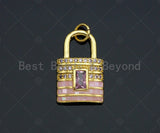 Lock Shape pink Pendant/Charm, Pink Mother-of-pearl Lock Pendant, Gold/Silver/Black/Rose gold Cubic Zirconia Pendant, 12x19 mm, Sku#LK73