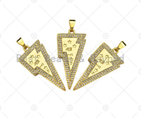 CZ Micro Pave Star On Lightning Shape Pendant, 18K Gold Charm, Necklace Bracelet Charm Pendant,16x33mm,Sku#LK309