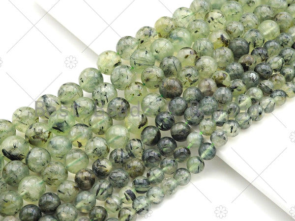 High Quality Tourmalated Prehnite Beads,6mm/8mm/10mm/12mm/14mm Round Smooth Beads, 15.5'' Full Strand, Sku#U1131
