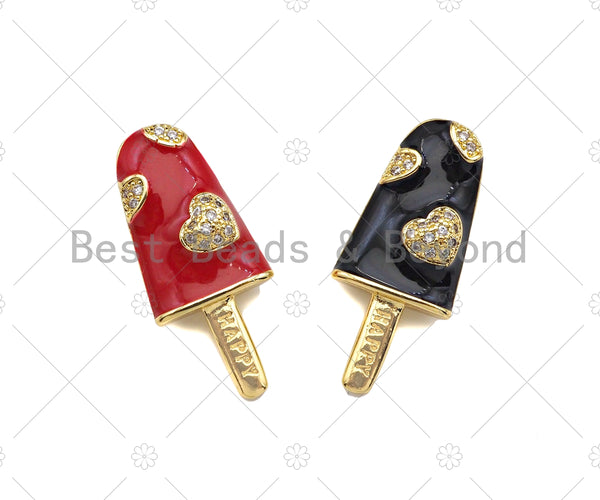 Micro Pave Enamel Heart On Enamel Ice Cream Charm, Red Black, Lollipop Charm, Colorful Enamel Pendant, 11x25mm, sku#LK166