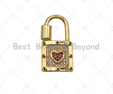 18K Gold Pink Heart Padlock Clasp, CZ Micro Pave Clasp, Gold Padlock Clasp, Fancy Pave Lock,14x27mm,sku#K147