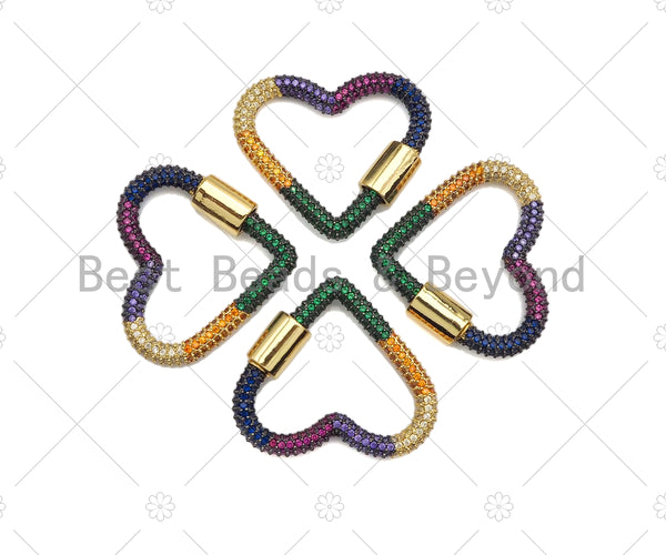 Rainbow Color CZ Gold Plated Heart Carabiner Clasp, Heart Clasp, Heart Carabiner, Chain Clasp, 30x27mm, Sku#K133