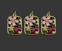 Colorful CZ Gold Flower On Rectangle Charm, Sku#LK336