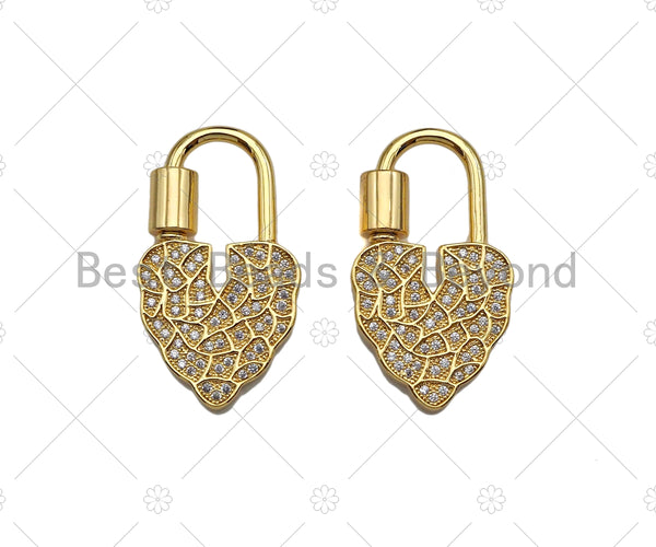 18K Gold Clear CZ Micro Pave Leaf Heart Fancy Lock Clasp, Heart Shape Clasp, Pave Lock, Gold Claps, 17x30mm,sku#K149