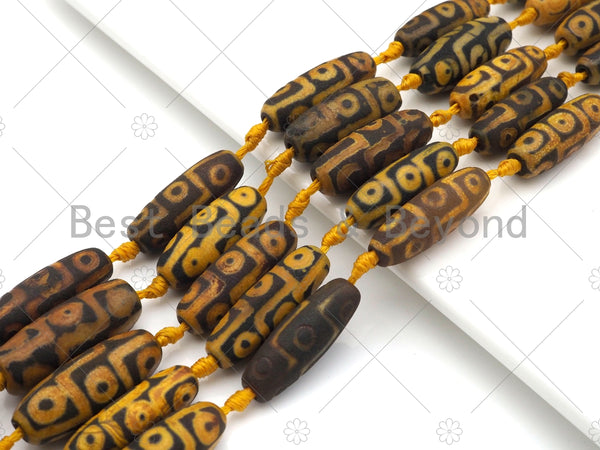 Natural Tibetan Agate Barrel Beads, Yellow Black Dzi Drum Beads, Tibetan Dzi Beads, Matt Agate,10x30mm, Sku#U1043