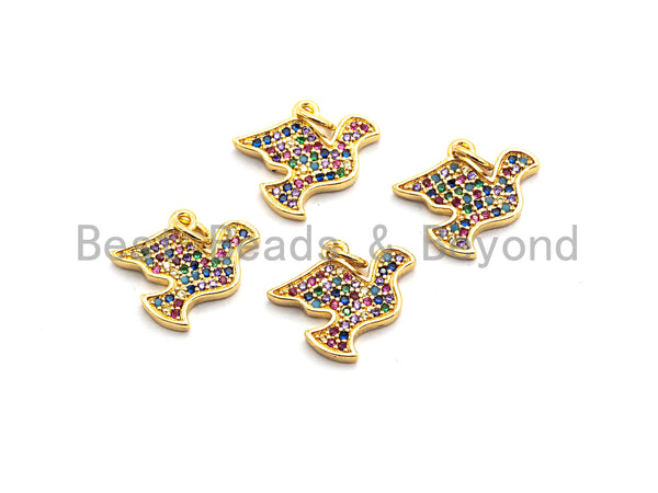 CZ Colorful Micro Pave Peace Dove Pendant, Pigeon Shaped Pave Pendant, Gold plated, 12x15mm, Sku#F832