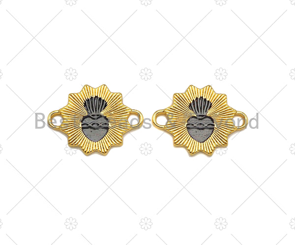 18K Gold Black Heart On Sunflower Shape Connector,Gold Medallion Links, Necklace Bracelet Charm Pendant,18x24mm,Sku#Z1327