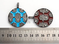 LARGE Enamel Colorful Round With Hamsa Hand Pendant,CZ Micro Pave Oil Drop Round pendant,Enamel pendant,Enamel Jewelry,34x38mm,sku#F592