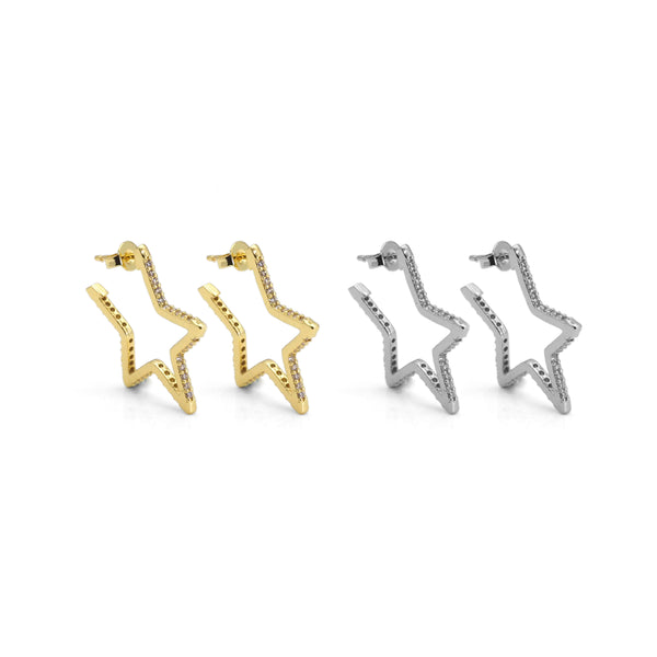 Gold Silver CZ Five Point Star Huggie Earrings, Sku#A124