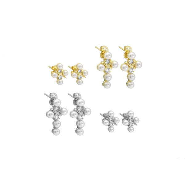 Gold Silver CZ White Pearl Cross Stud Earrings, Sku#A132