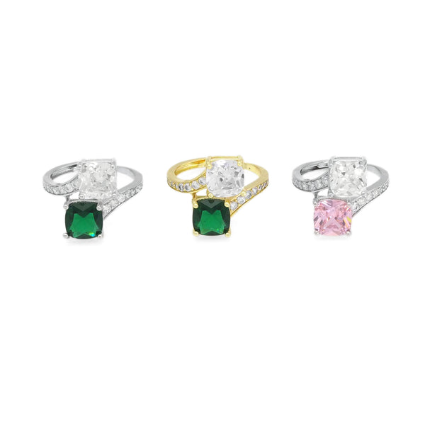 Gold Silver Green Pink Square CZ Adjustable Ring, Sku#A133