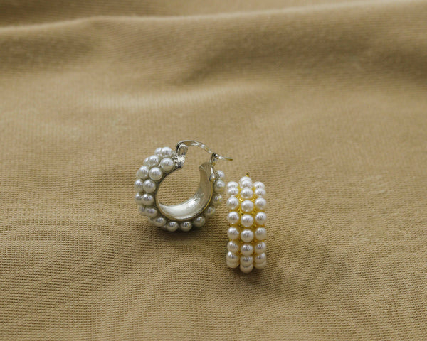 Pearl Triple Line Huggie Earrings, Sku#B153