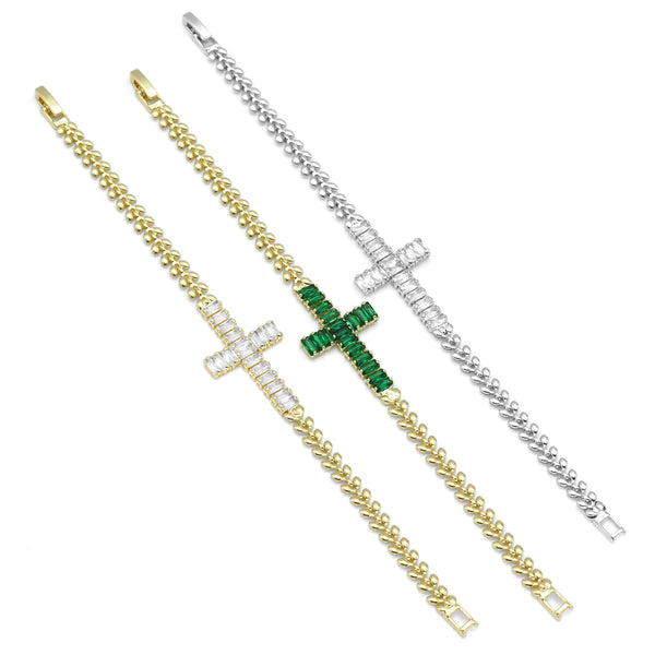 Clear Green CZ Cross Gold Adjustable Bracelet, Sku#B367