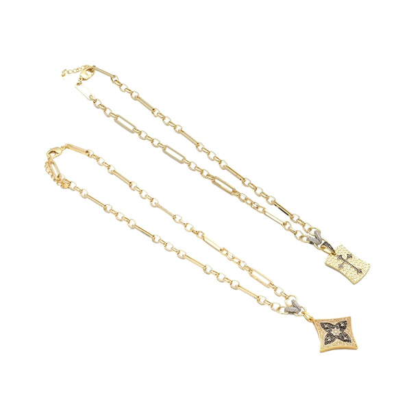 Gold Mixed Paperclip Link Chain Necklace with Flower/Cross Pendant,sku#EF322