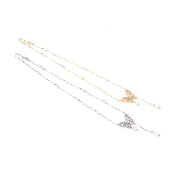 Gold Silver Pearl Butterfly Necklace, sku#EF323
