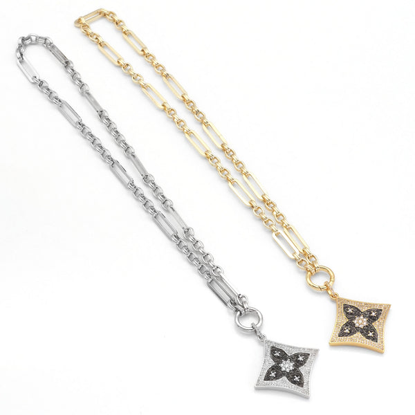 Gold Silver Mixed Paperclip Link Chain with Rhombus Clover Charm Adjustable necklace, EF328