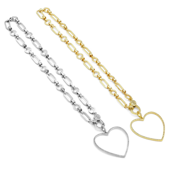 Gold Silver Chain necklace with Frame Heart Pendant, Sku#EF332
