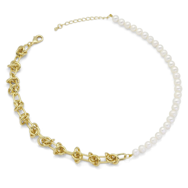 Knotted Link Chain Freshwater Pearl Bracelet Necklace, Sku#EF352